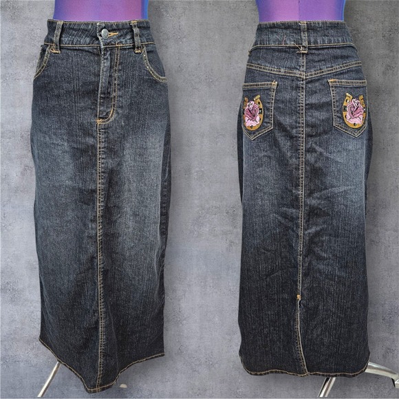 HIP Jeans Denim Maxi Skirt Rose Horseshoe Embroidery Y2K Western Size 7 D51 - Picture 1 of 13